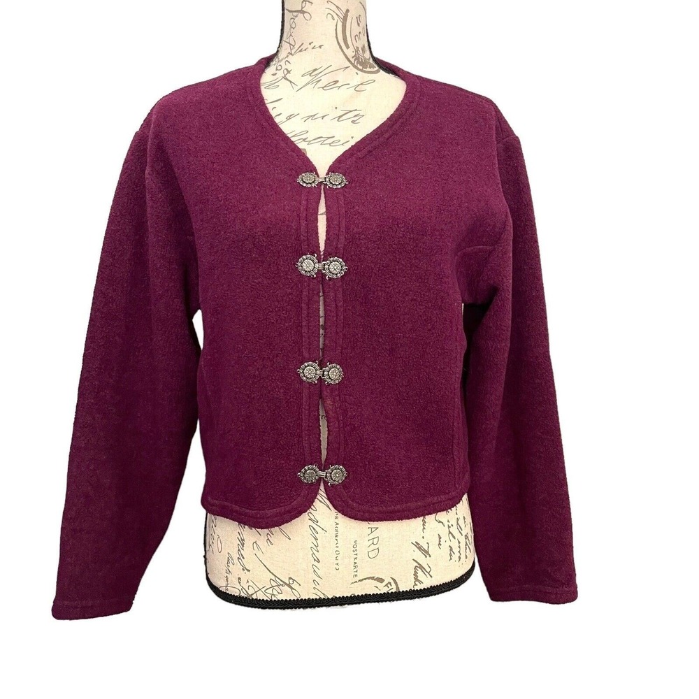 Summit Dog Womens Cardigan Wool M Purple Fleece Clasp Front USA Cabin Cottage